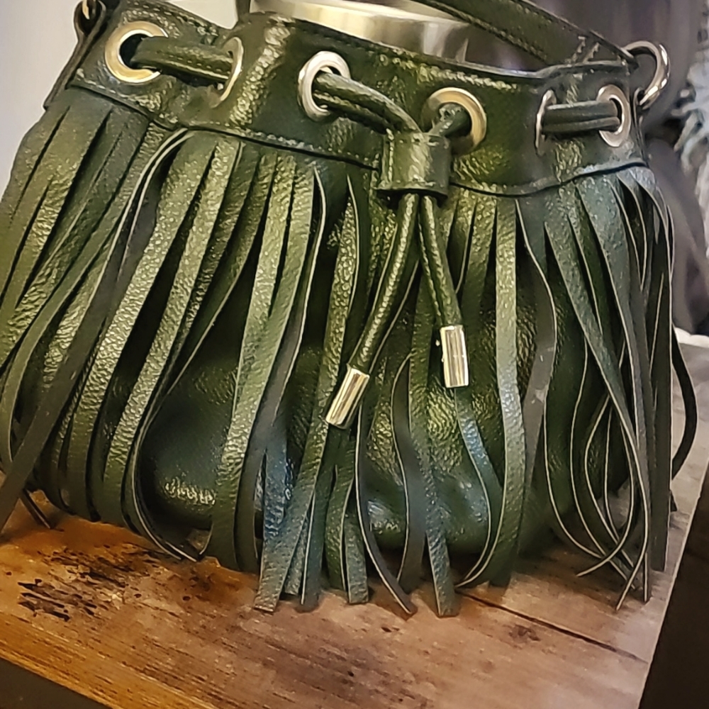 Vintage Handbag with Fringe Dark Green with Gold accents  Sondra Roberts Squared